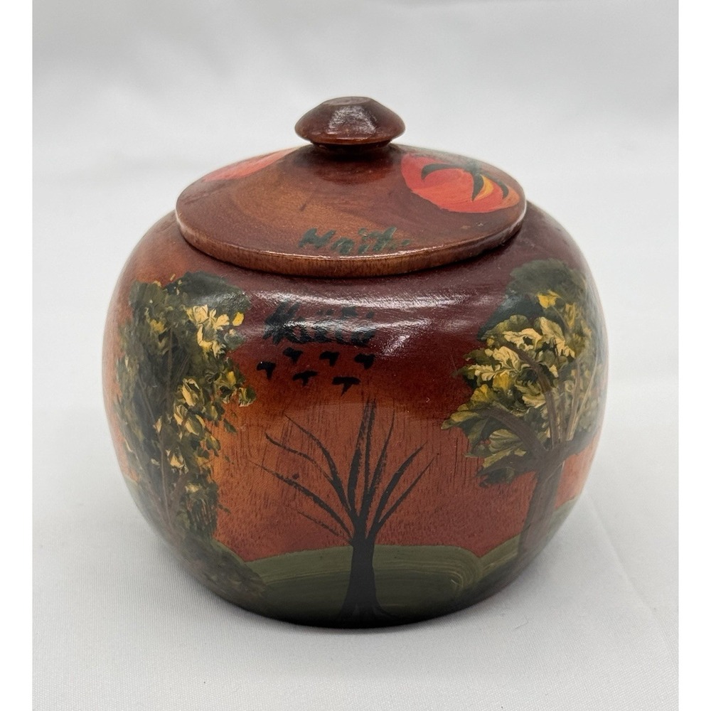 Hand Crafted & Painted Wooden Trinket Box, Spice Jar w/ Lid Folk‎ Art from HAITI